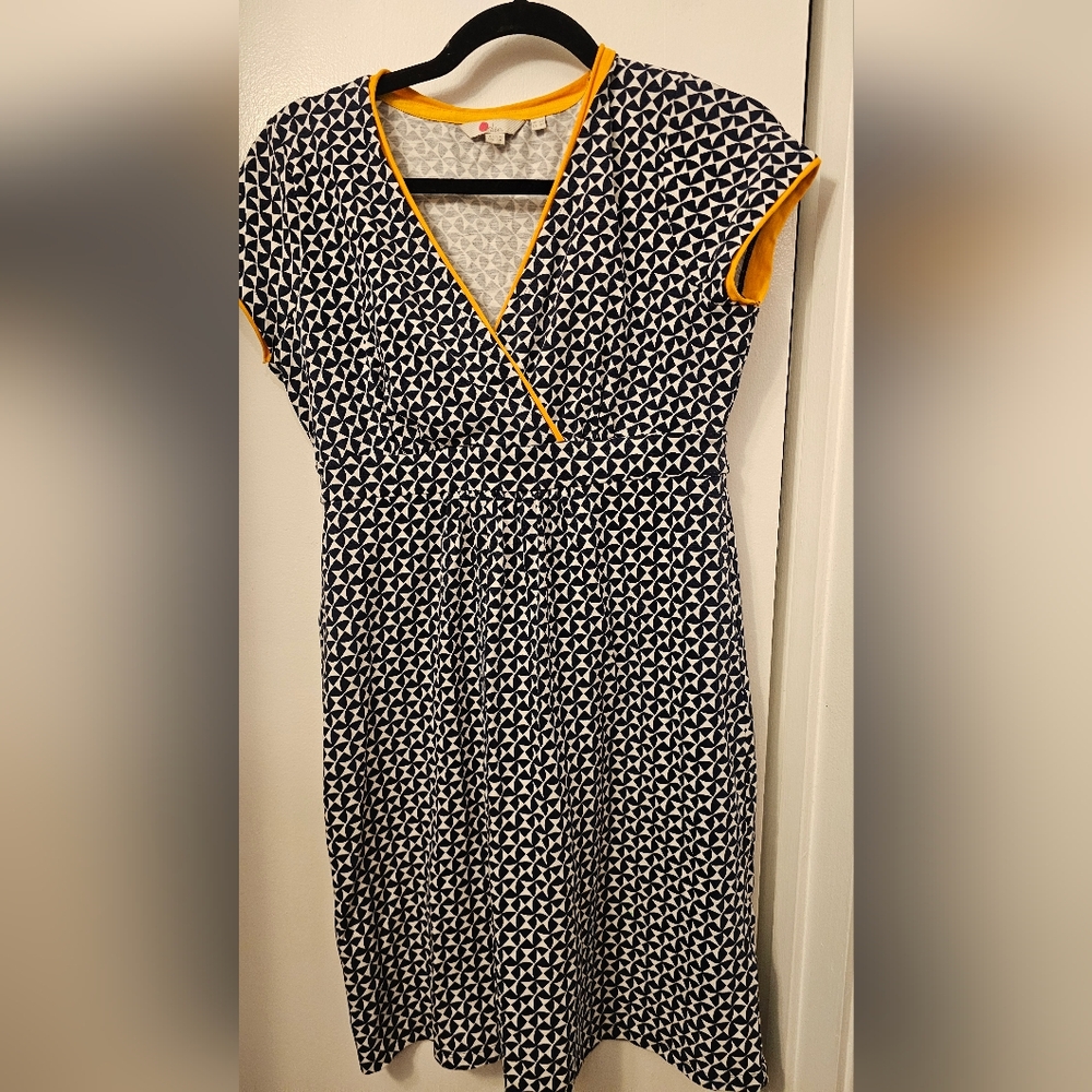 Boden Black and White Geometric Dress with Yellow Trim